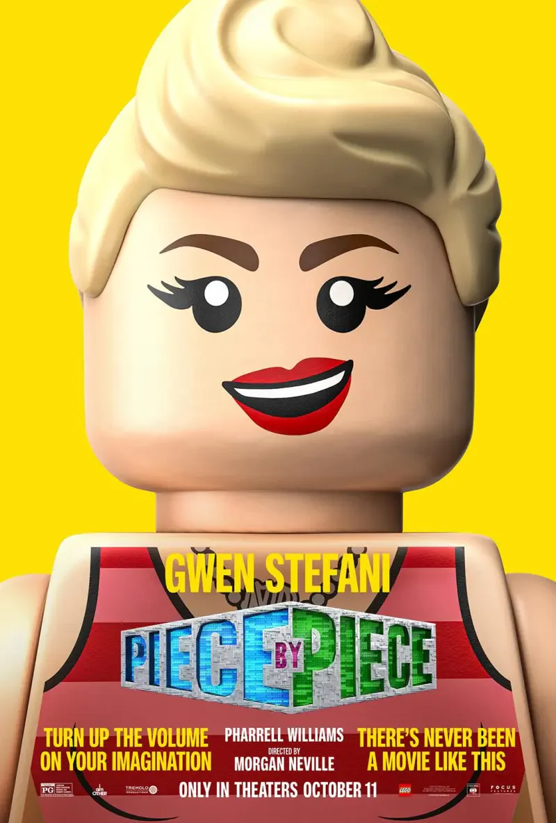 A vibrant promotional poster for the movie Piece by Piece, featuring a Lego-style character resembling Gwen Stefani against a bright yellow background.