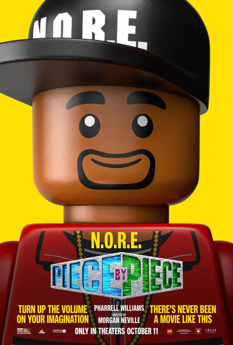 A cartoon character with a hat that reads N.O.R.E. smiles against a bright yellow background, promoting the movie Piece by Piece, directed by Morgan Neville, in theaters October 11.
