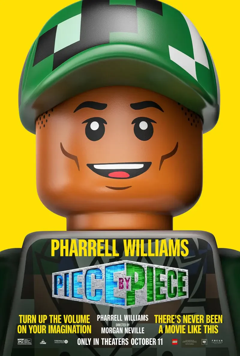 A colorful poster for the movie Piece by Piece, featuring a cartoonish character with a green hat and a big smile, alongside the name Pharrell Williams and a release date of October 11.