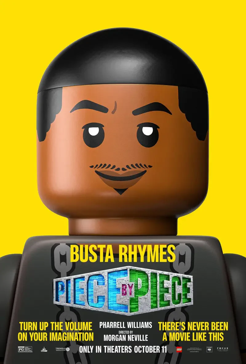 A vibrant poster for the movie Piece by Piece, featuring a stylized character resembling Busta Rhymes, with a bold yellow background and promotional text.