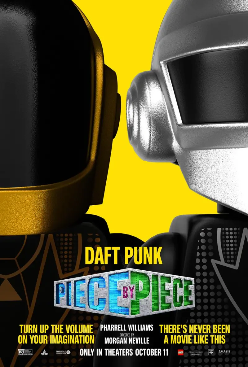 Poster for the movie Piece by Piece featuring Daft Punk's iconic robot helmets, with vibrant colors and tagline emphasizing creativity and imagination. In theaters October 11.