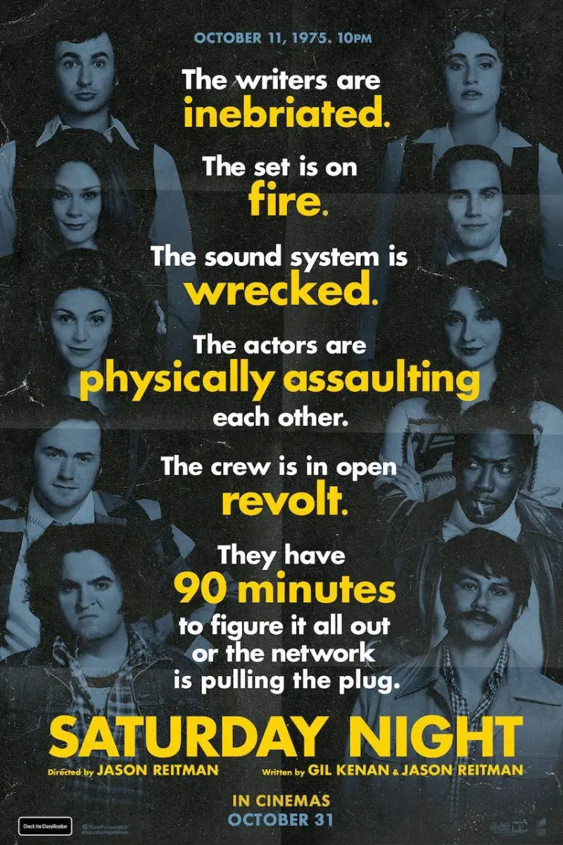 A chaotic scene unfolds in the promotional poster for Saturday Night, highlighting a tumultuous production filled with inebriated writers, a wrecked sound system, and actors in conflict.