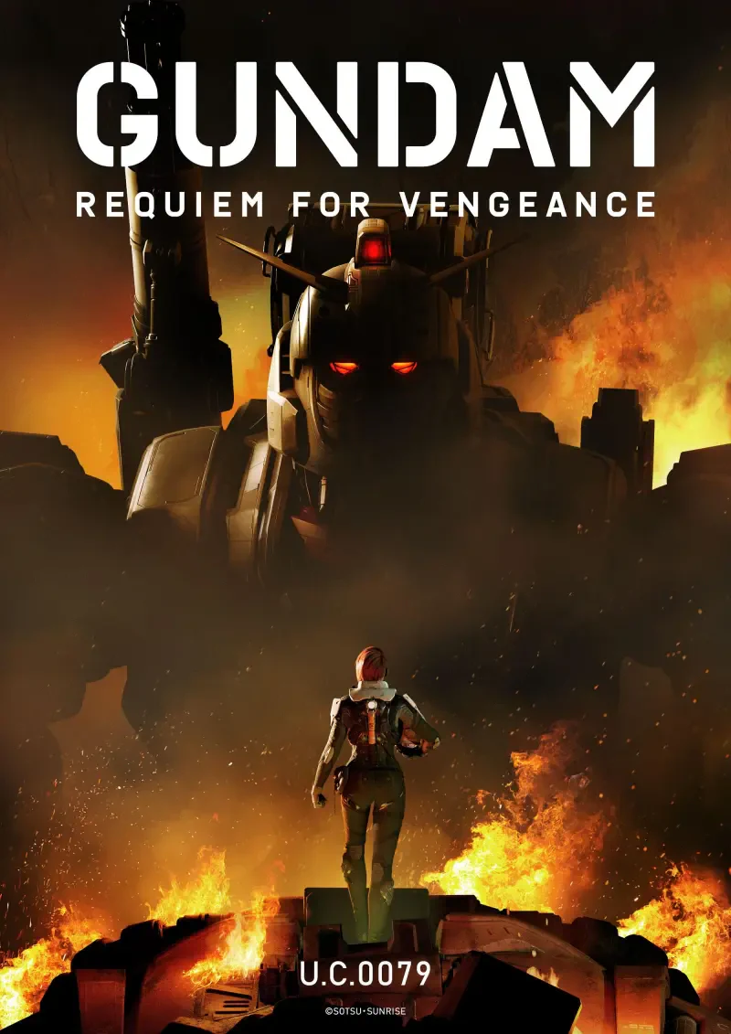 A dramatic scene from Gundam: Requiem for Vengeance, featuring a towering mobile suit amidst flames, with a lone pilot standing defiantly in the foreground. U.C. 0079 is noted.
