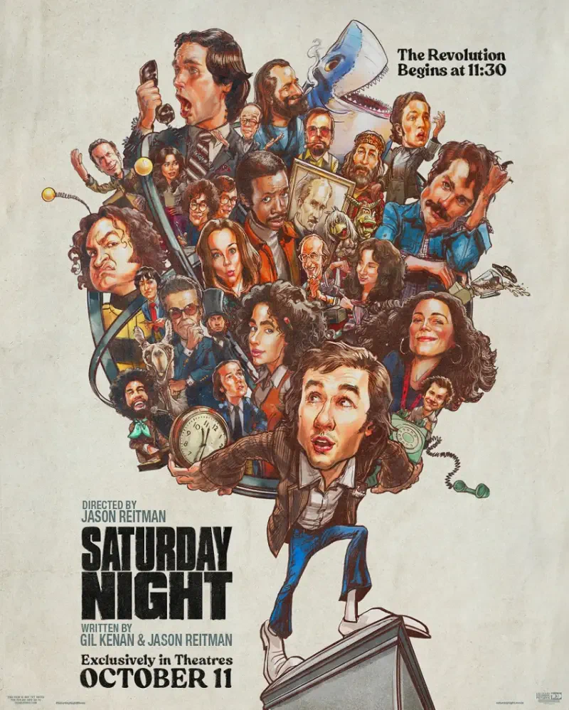 A vibrant movie poster for Saturday Night, featuring a collage of characters and scenes that highlights the film's comedic and energetic essence, with a release date of October 11.