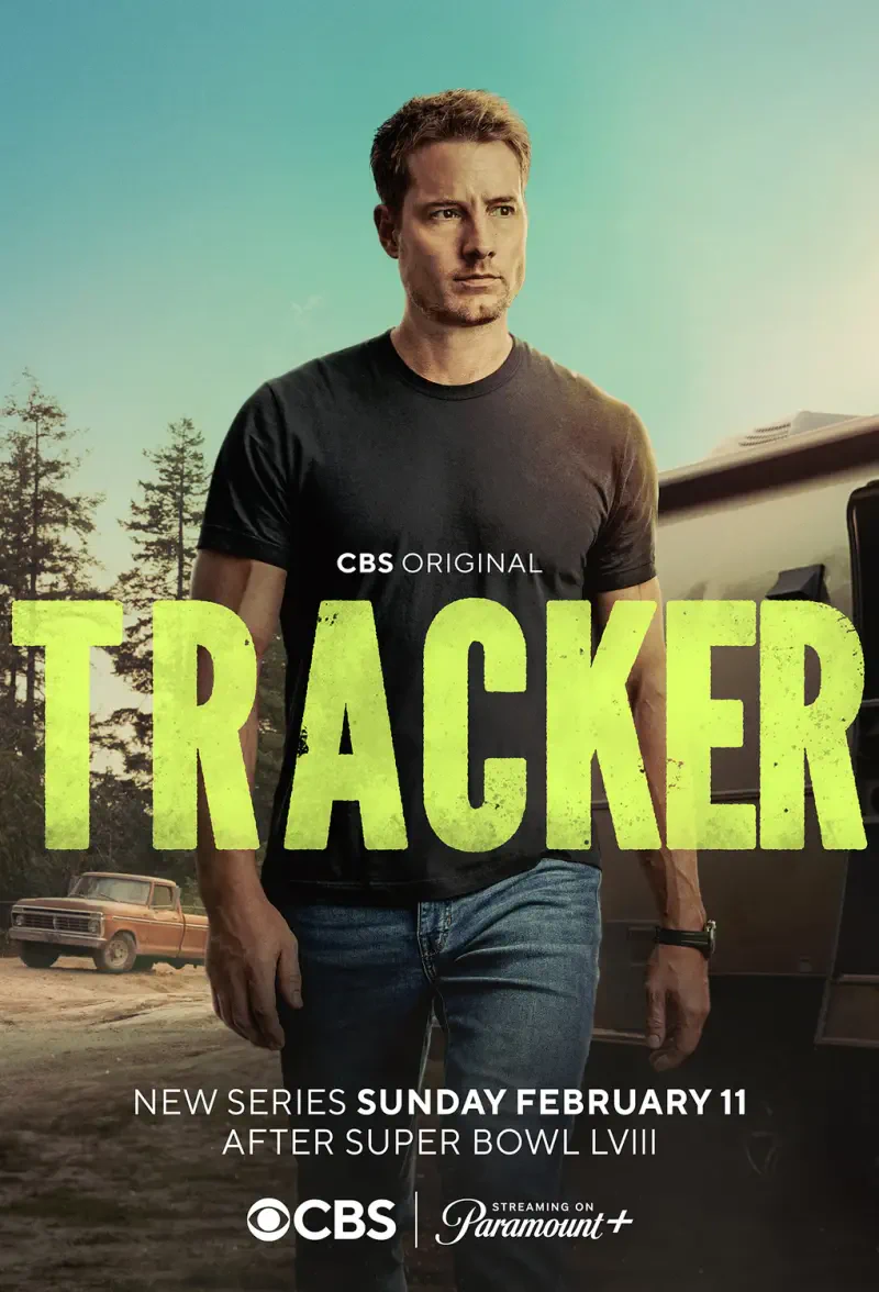 Promotional image for the CBS original series Tracker featuring Justin Hartley, debuting Sunday, February 11, after Super Bowl LVIII.
