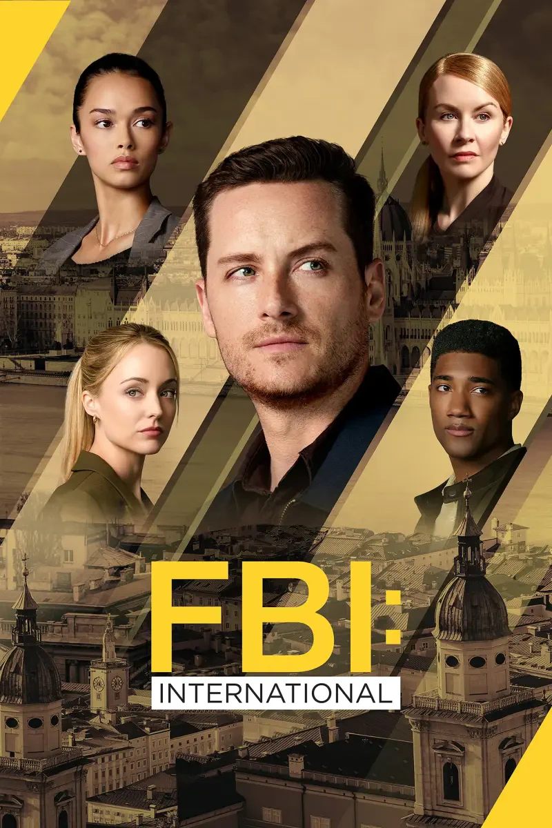 The image features the main cast of the TV show FBI: International, highlighting their characters against a backdrop of a city skyline.