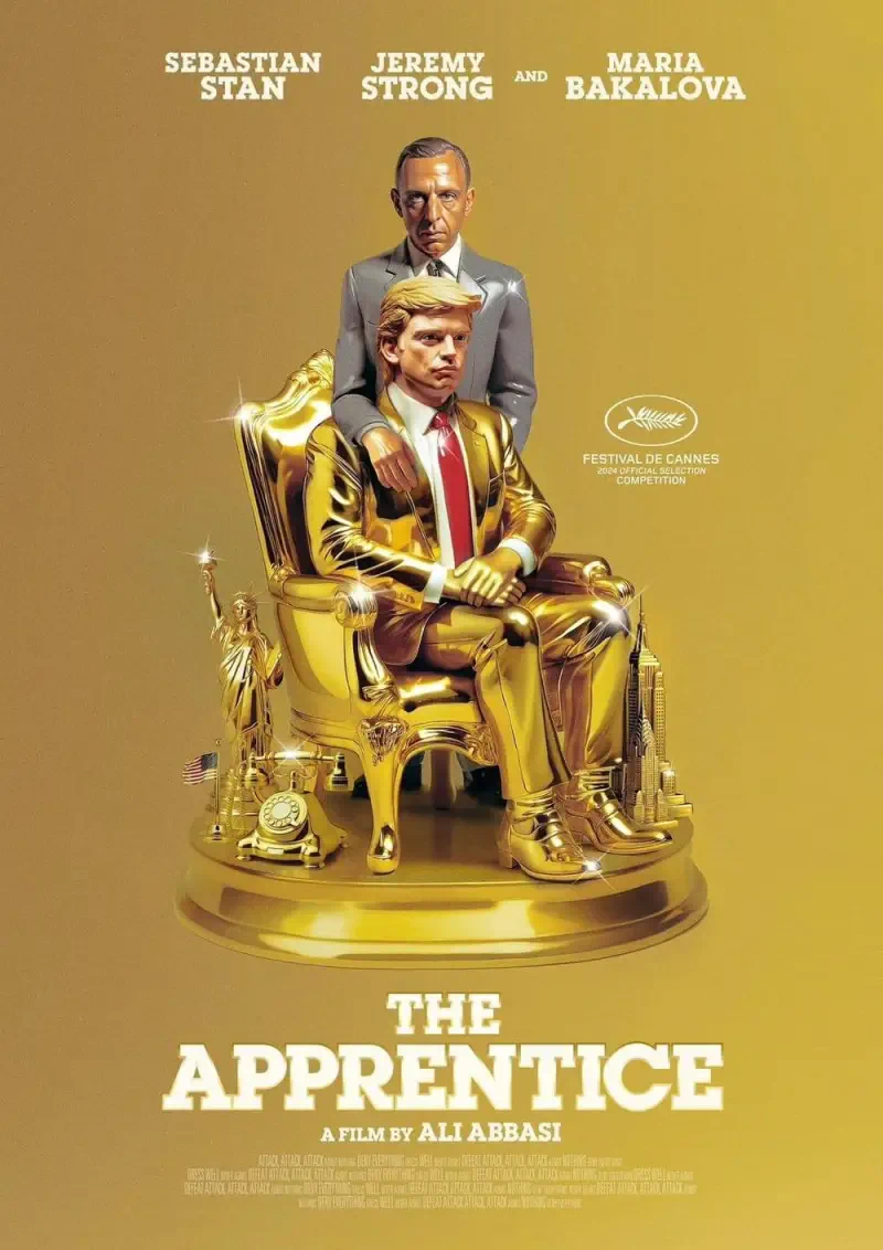 A promotional poster for the movie The Apprentice (2024), featuring golden sculptures of Sebastian Stan, Jeremy Strong, and Maria Bakalova, showcasing their prominent roles in the film.