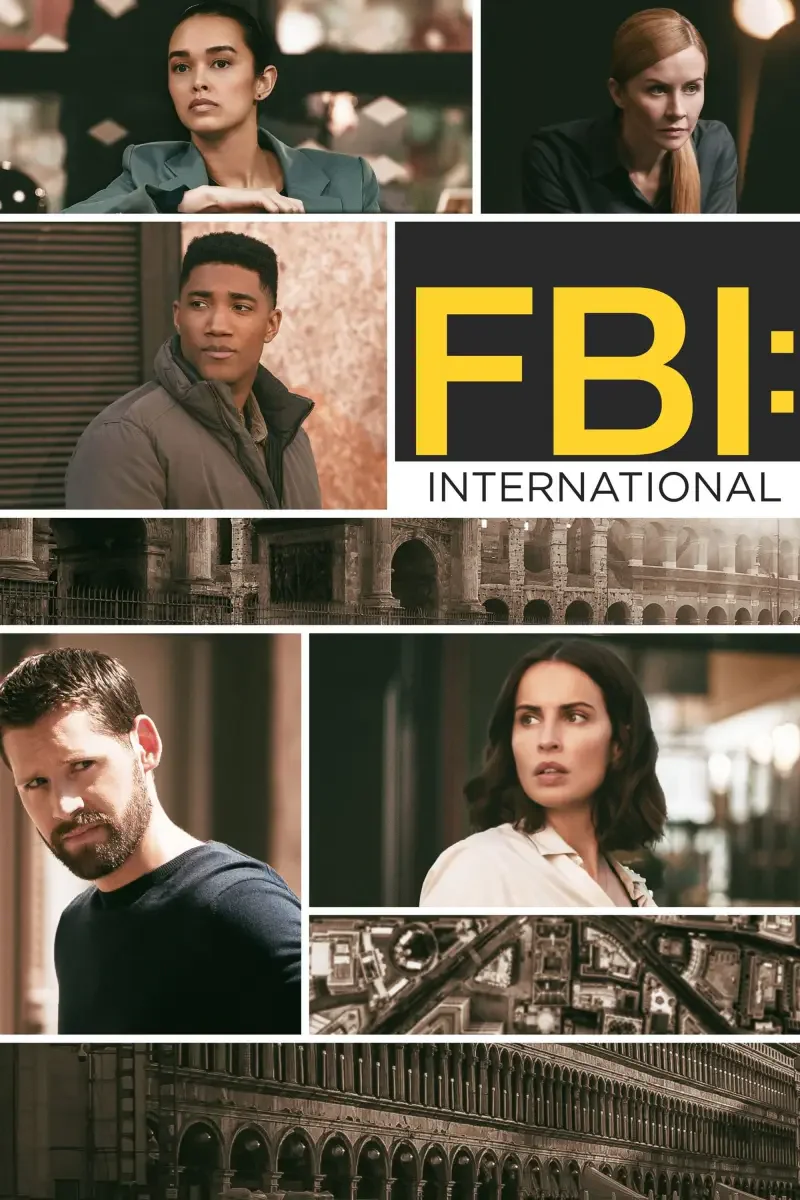 A collage of characters from the TV show *FBI: International*, featuring a diverse cast in intense expressions, set against intriguing architectural backgrounds.