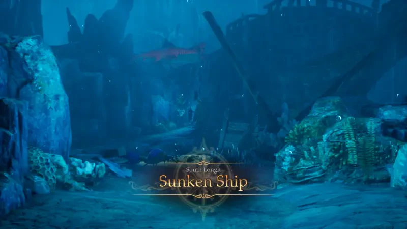 Underwater scene from the video game Romancing SaGa 2: Revenge of the Seven, depicting a mysterious sunken ship amidst scattered debris and eerie blue lighting.