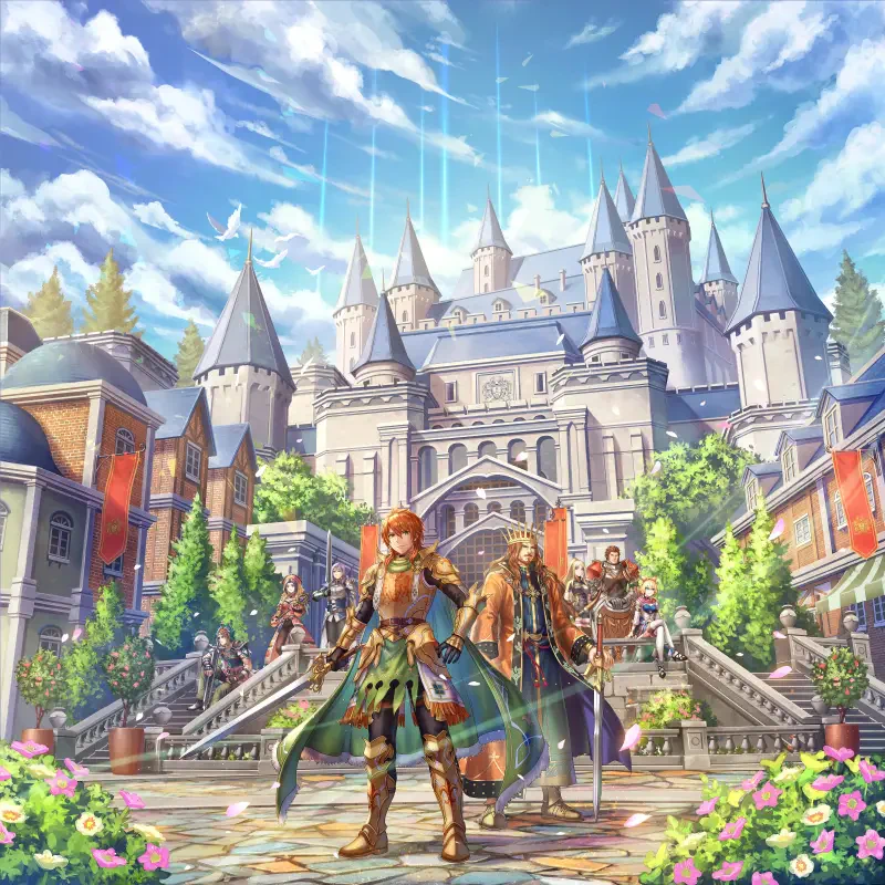 A vibrant scene from Romancing SaGa 2: Revenge of the Seven, featuring heroes in lush gardens with a majestic castle backdrop under a bright blue sky.