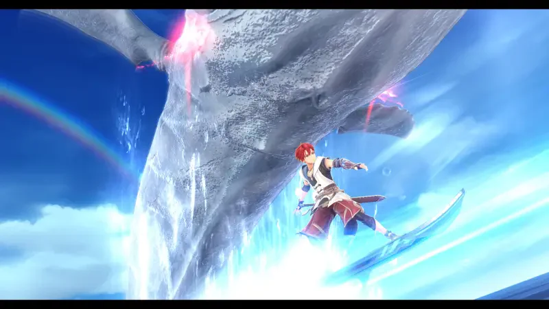 A character from the video game Ys X: Nordics uses a surfboard, skillfully navigating a stunning icy landscape under a vibrant sky with swirling colors.