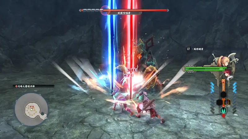 Action-packed scene from the video game Ys X: Nordics, featuring characters engaged in combat with vibrant red and blue energy effects illuminating the battle.