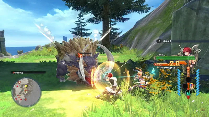 A scene from Ys X: Nordics featuring characters battling a spiky creature in a vibrant outdoor setting, showcasing dynamic action and RPG elements.