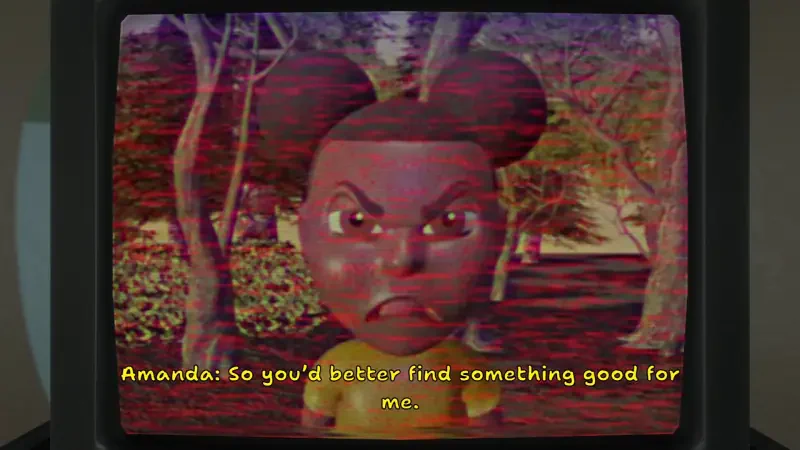 A scene from the video game Amanda the Adventurer 2, featuring an animated character named Amanda with an intense expression, urging the viewer to find something good.