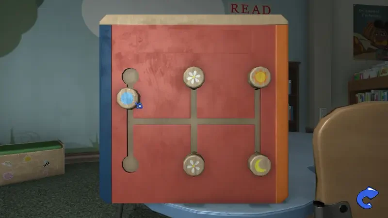 A colorful puzzle box from the video game Amanda the Adventurer 2, featuring circular buttons arranged in a grid, set against a backdrop of a cozy reading space.