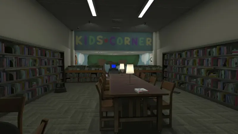 A dimly lit library scene from the video game Amanda the Adventurer 2, featuring a table surrounded by chairs and shelves filled with books, with a colorful KIDS CORNER sign in the background.