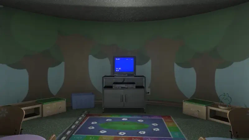 The image features a cozy room with tree murals, a blue screen on an old TV, and colorful carpet, reminiscent of the setting in the video game Amanda the Adventurer 2.