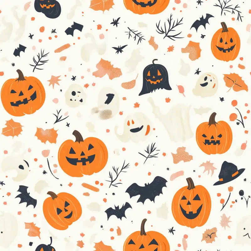A cute Halloween pattern featuring smiling pumpkins, playful ghosts, bats, and fall leaves, all set against a light background, capturing the festive spirit of the season.