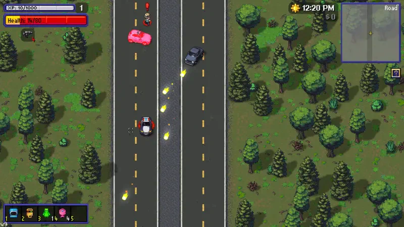 An aerial view of a highway scene from the video game Streets of Rogue 2, showcasing colorful cars racing amidst forested surroundings and animated action elements.