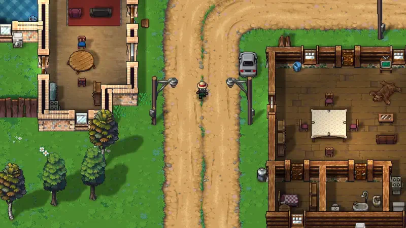 An overhead view of a character walking along a dirt path between two houses in Streets of Rogue 2, showcasing vibrant environments and a pixel art style. 