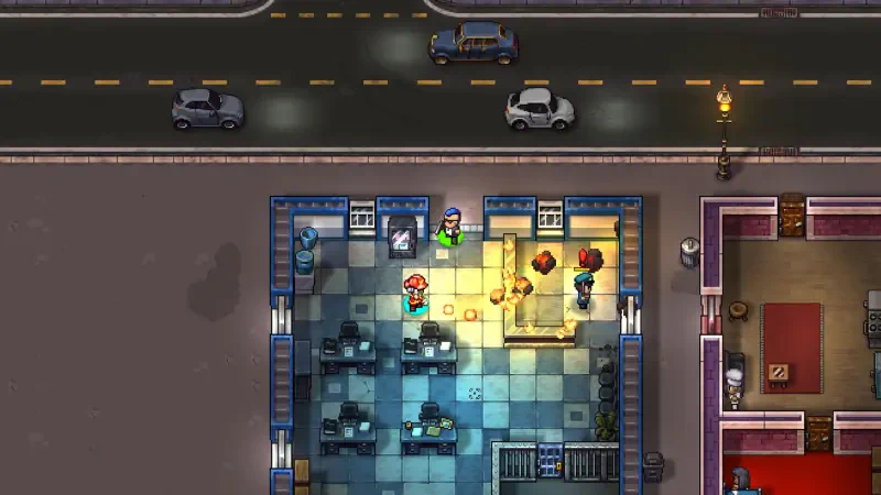 A top-down view of a scene from the video game Streets of Rogue 2, featuring characters inside a building illuminated by warm light against a bustling street backdrop.