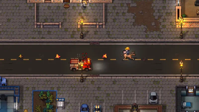 Action-packed scene from *Streets of Rogue 2*, featuring a character running down a city street, a burning vehicle, and the vibrant urban setting filled with pixel art details.