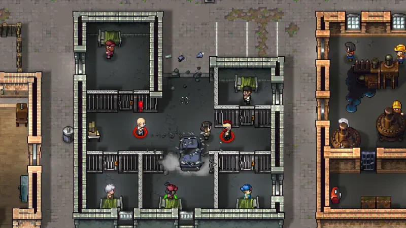 An overhead view of gameplay from Streets of Rogue 2, showcasing characters navigating a complex environment filled with barriers and enemies in a vibrant setting.