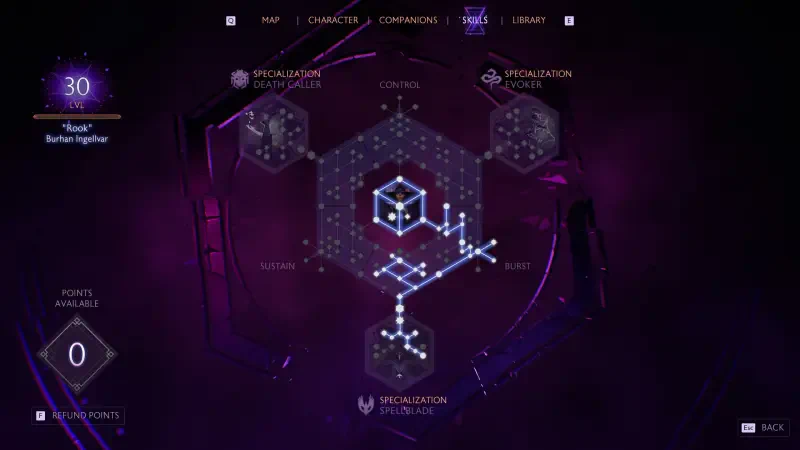 A glowing talent tree interface from the video game Dragon Age: The Veilguard, showcasing various skills and pathways for character development against a dark, mystical background.