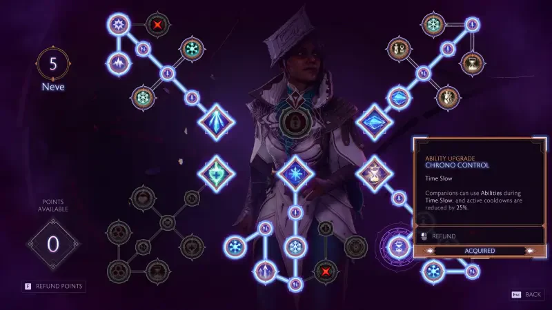 A character screen from the video game Dragon Age: The Veilguard, showcasing the skill tree and abilities related to the power of Chrono Control.