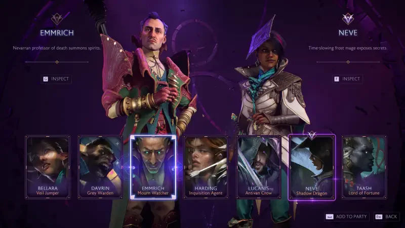 A character selection screen from the video game Dragon Age: The Veilguard, featuring Emmrich and Neve, alongside their available companions in a vibrant, mystical interface.