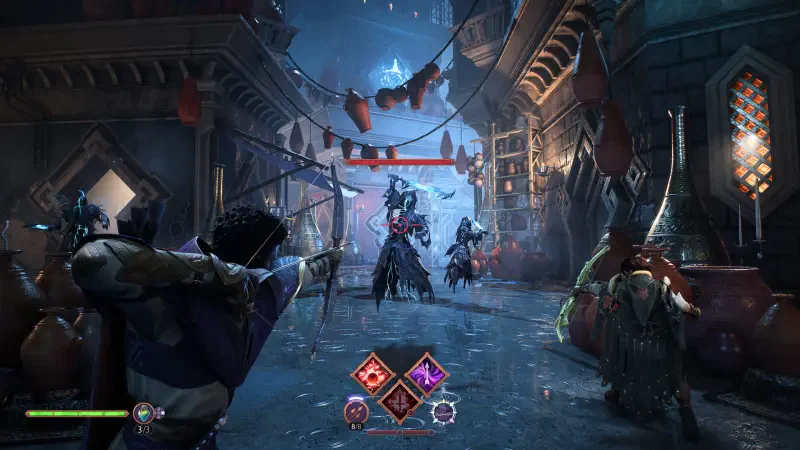 A dynamic scene from the video game Dragon Age: The Veilguard, showcasing characters preparing for battle in a vibrant, atmospheric setting filled with colorful banners and detailed architecture.