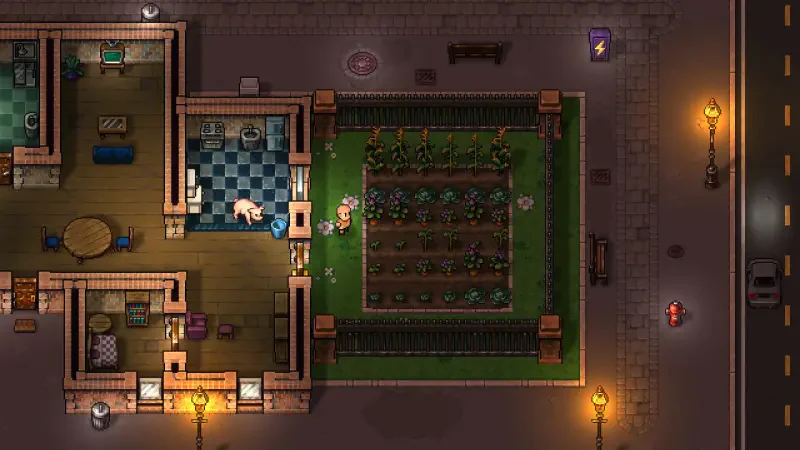 A top-down view of a urban scene from the video game Streets of Rogue 2, featuring a character in a kitchen and a garden filled with plants in an outdoor area.