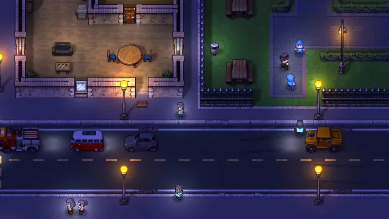 A top-down view of a city street in Streets of Rogue 2, showcasing colorful buildings, vehicles, and glowing street lamps under a night sky.