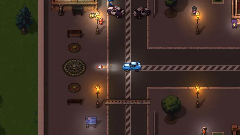 An overhead view of a city scene from the video game Streets of Rogue 2, featuring a blue car navigating through streets illuminated by streetlights and nearby characters.