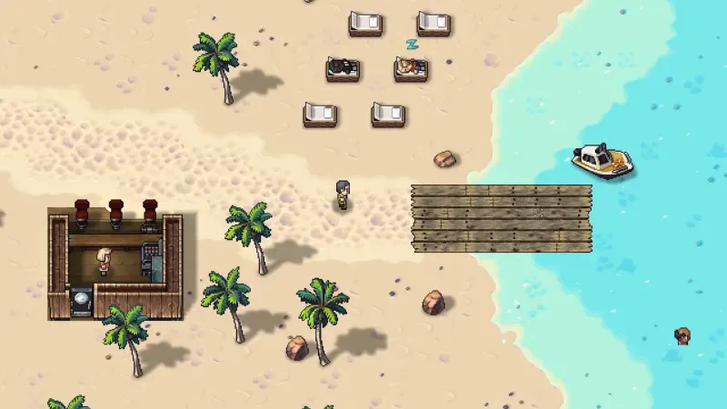 A vibrant beach scene from the video game Streets of Rogue 2 features palm trees, a wooden dock, and various items scattered on the sand, capturing a playful adventure atmosphere.