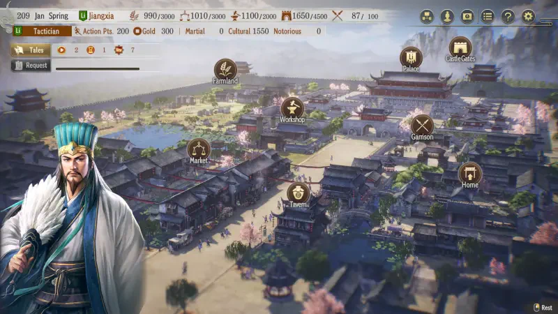 A screenshot from the video game Romance of the Three Kingdoms 8 (Remake), featuring a detailed landscape view with structures, gardens, and a character in the foreground.