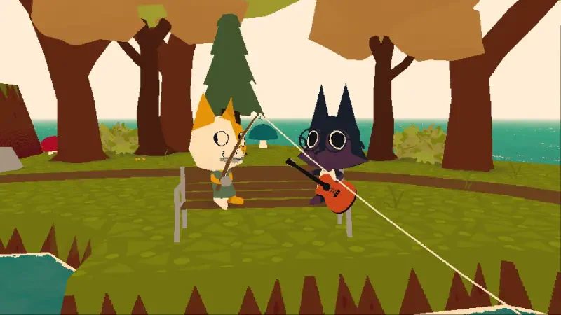 Two cartoon animals sit on a bench by a serene lake, one playing a guitar and the other holding a fishing rod, capturing a moment from the video game Webfishing.