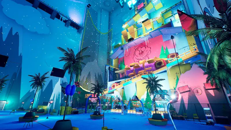 A vibrant scene from the video game Finding Frankie, showcasing a colorful urban landscape filled with palm trees, neon lights, and whimsical architecture under a starry sky.