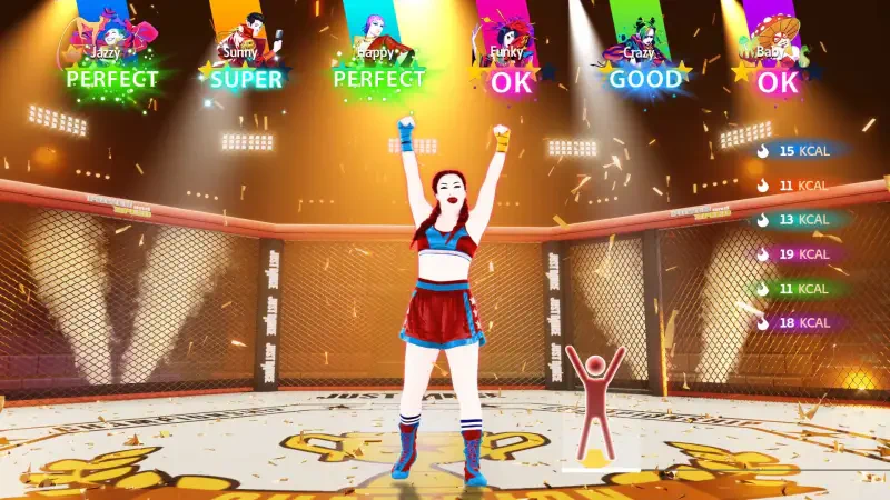 A vibrant scene from Just Dance 2025 Edition shows a dancer celebrating in a colorful arena, with various performance ratings displayed overhead and an animated figure nearby.