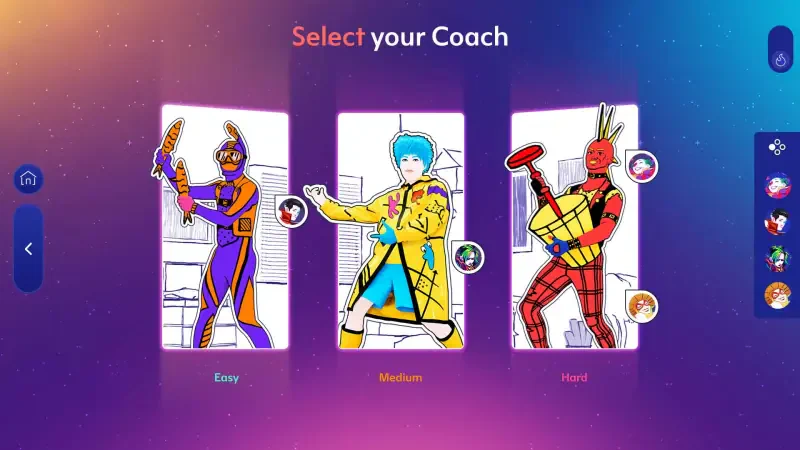 Three vibrant coaches are depicted in the Select Your Coach screen from Just Dance 2025 Edition, each showcasing unique costumes and dance poses against a colorful background.