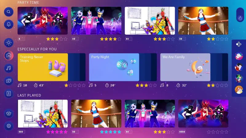 A vibrant interface from Just Dance 2025 Edition, showcasing game options, including popular songs, player ratings, and recently played tracks, all surrounded by colorful animated figures.
