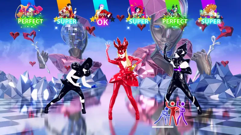 A vibrant scene from Just Dance 2025 Edition, featuring dancers in colorful outfits performing on a stylized platform, with visual indicators showing their performance ratings.