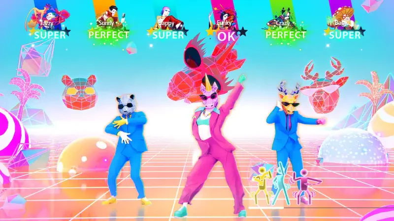 Three dancers in colorful animal masks perform lively choreography in a vibrant setting, showcasing gameplay from Just Dance 2025 Edition. Bright, playful graphics enhance the energy.