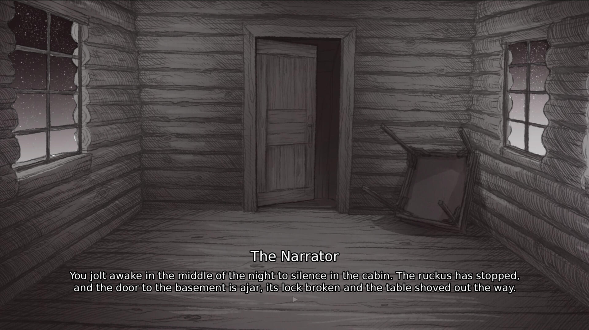 A dimly lit cabin interior from the video game *Slay the Princess — The Pristine Cut*, featuring an open door, a haunting atmosphere, and text from the narrator guiding the player.