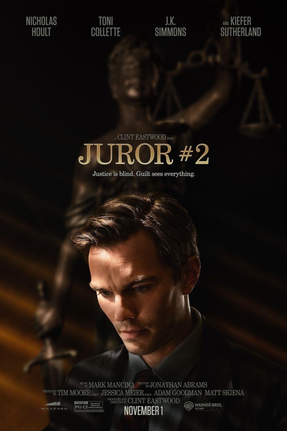 The image features the movie poster for Juror #2, starring Nicholas Hoult. The design highlights themes of justice and guilt, captured through dramatic visuals and a somber tone.