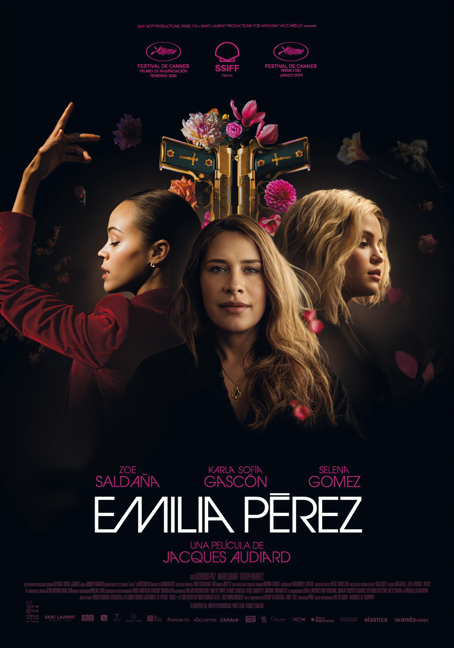 A striking movie poster for Emilia Pérez, featuring three women, with floral elements and a gun at the center, showcasing the film's dramatic themes and powerful characters.
