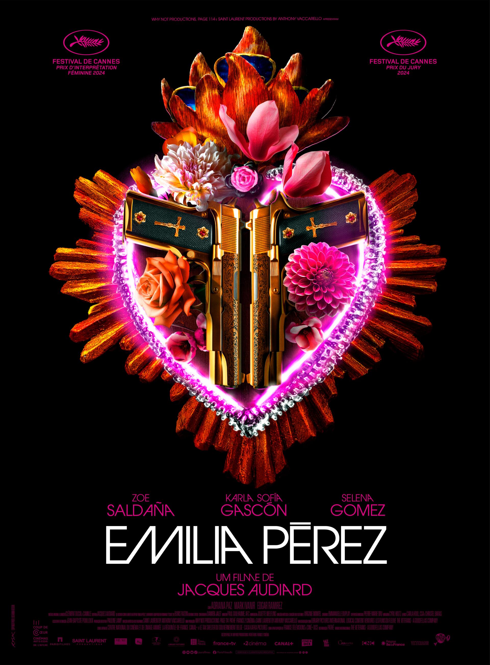 A vibrant movie poster for Emilia Pérez, featuring a heart-shaped design with flowers and a striking gun, showcasing the film's artistic flair and featuring actors Zoe Saldana and Selena Gomez.