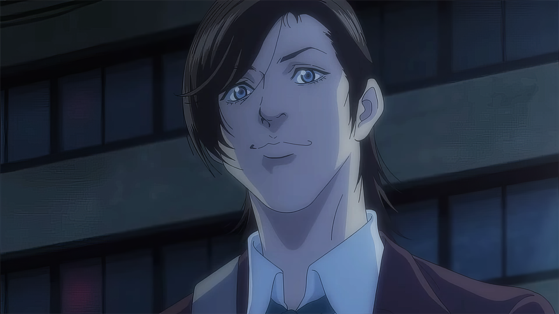 A character from the anime Trillion Game stands confidently under streetlights, showcasing a determined expression and stylish attire.