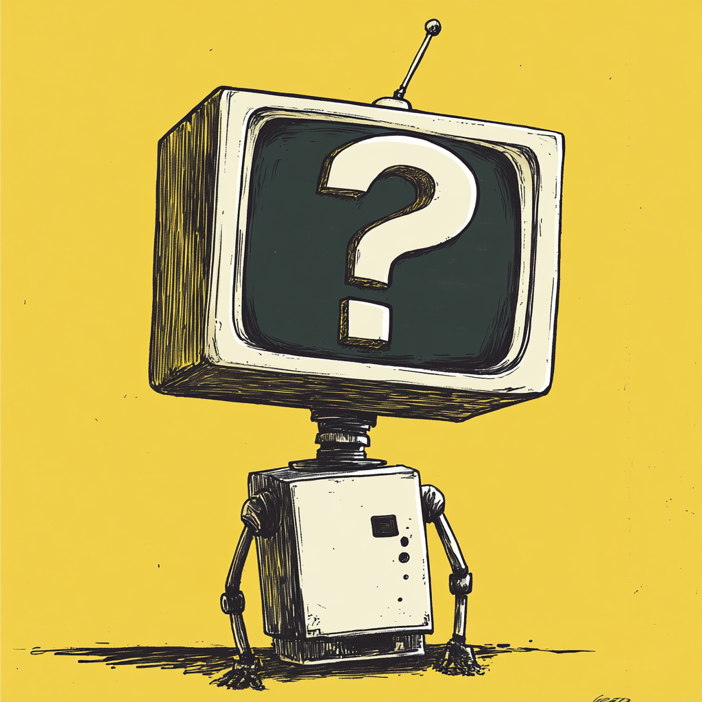 A quirky robot with a box-like monitor displaying a large question mark, set against a bright yellow background, embodies curiosity and the quest for knowledge.