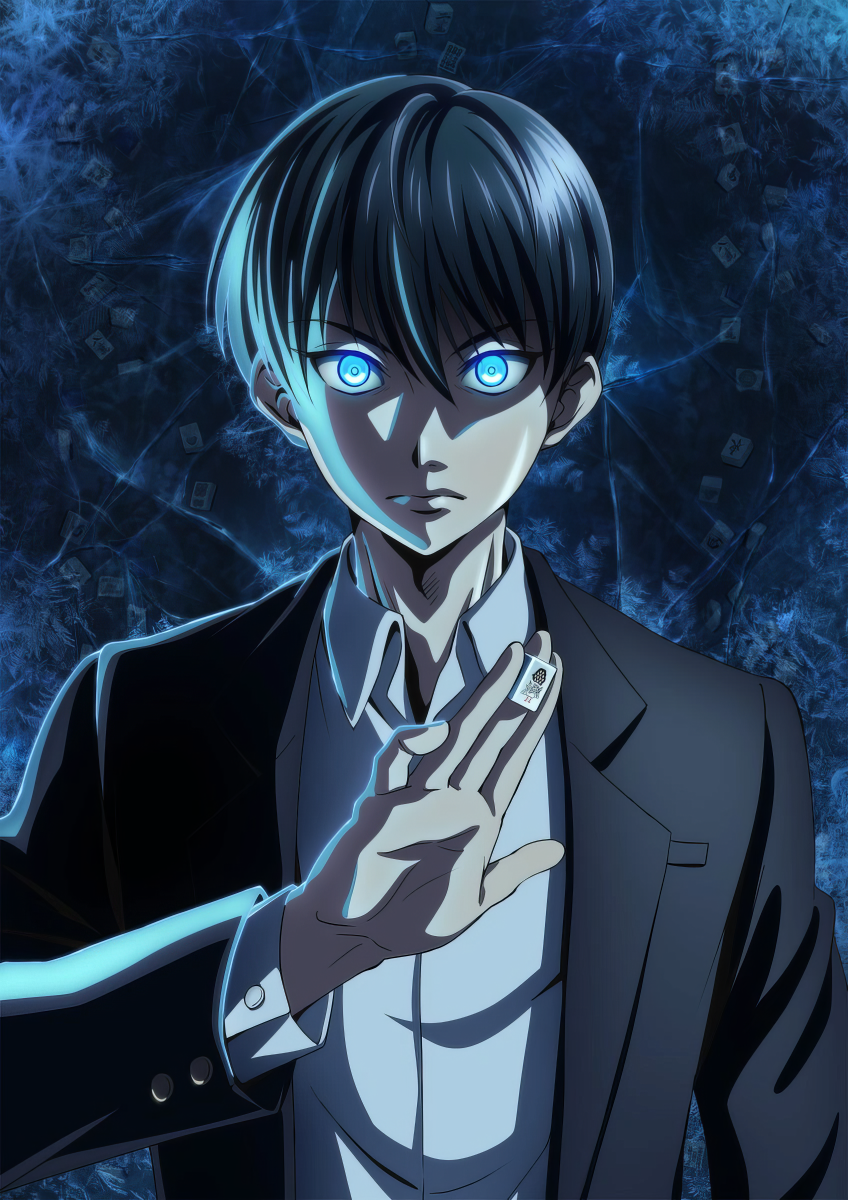 A character from the anime Touhai: Ura Rate Mahjong Touhai Roku, features a young person in a suit with glowing blue eyes, extending a hand against a dark, abstract background.